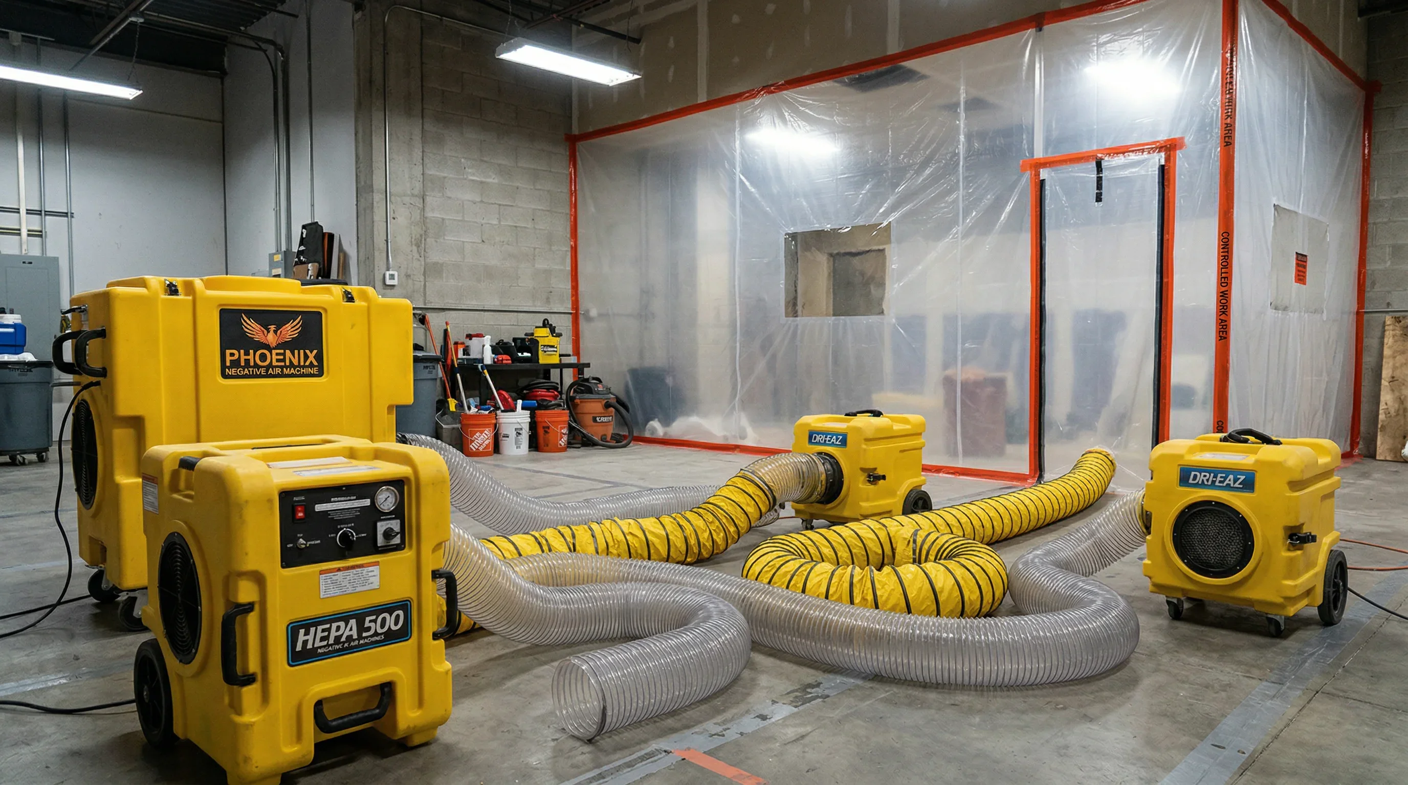 Mold remediation technician inspecting visible growth inside a protected work area